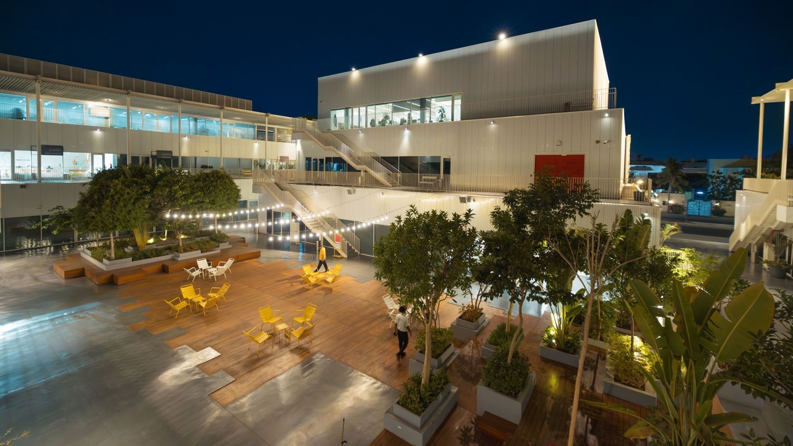 The contemporary courtyard and architectural setting at Hayy Jameel in Jeddah